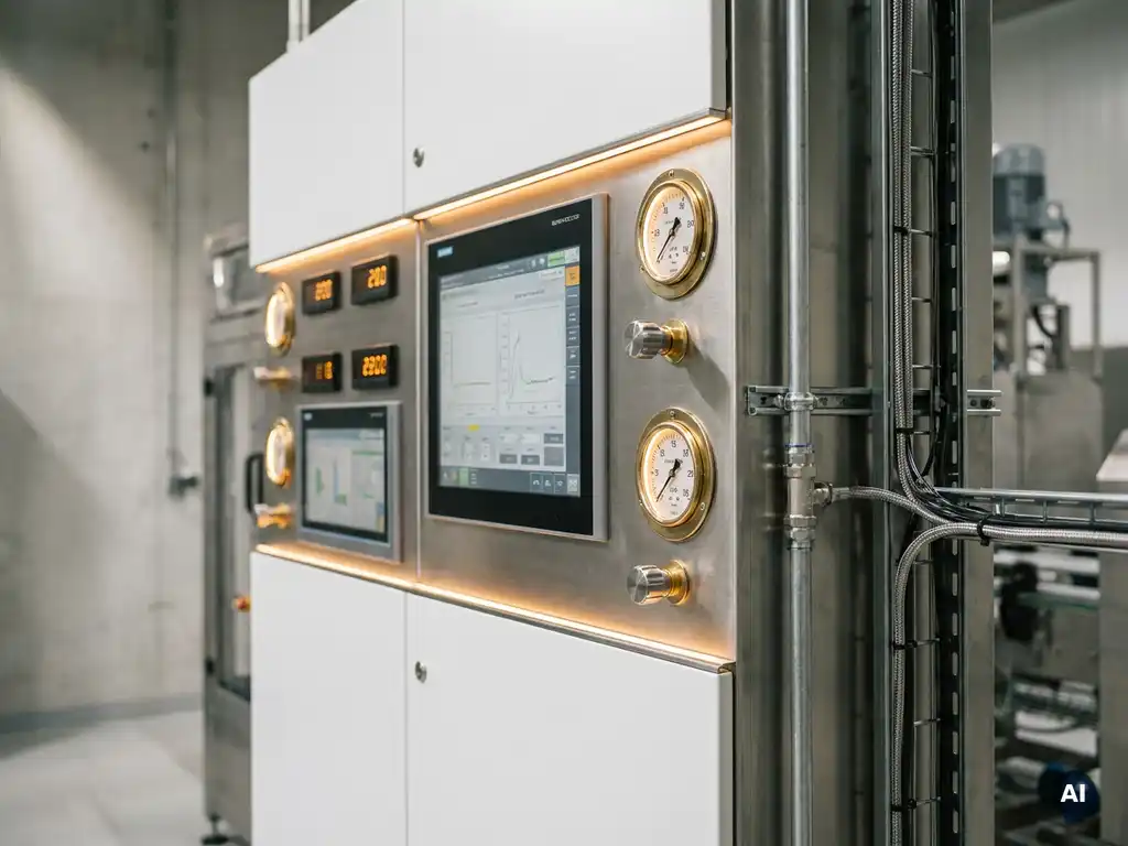Industrielles Steuerungspanel mit digitalen Displays und analogen Messgeräten, Metallrohren und warmem Umgebungslicht.