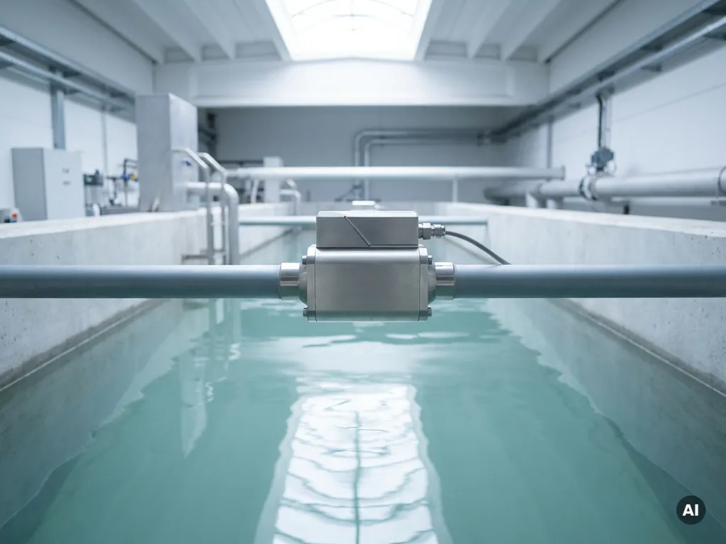 Präzisions-Durchflusssensor über ruhiger Wasseroberfläche in moderner Abwasserbehandlungsanlage mit Stahlrohren.
