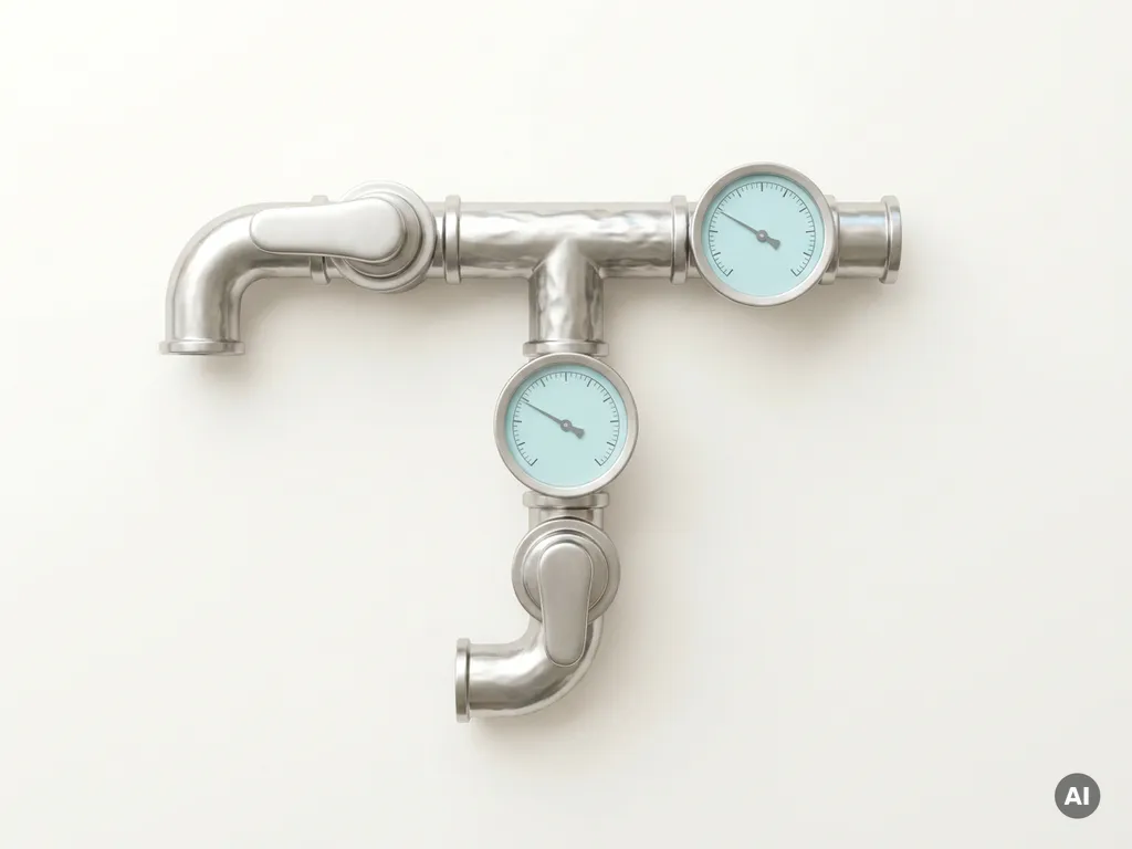 Edelstahl-Rohrverzweigung mit Durchflussreglern und polierten Ventilen in aquablauer und hellgrauer Farbpalette, Draufsicht.