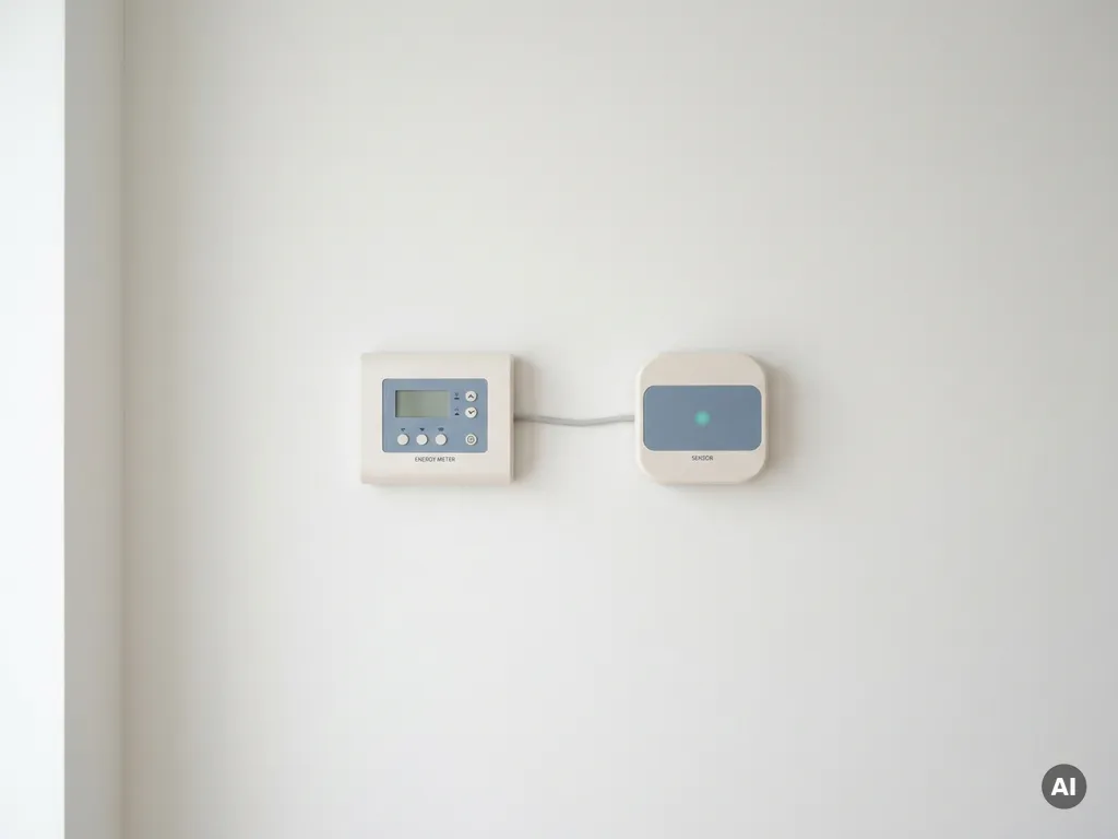 Energiezähler und Gebäudeautomationssensor nebeneinander an weißer Wand, verbunden durch dezente Kabel, modernes minimalistisches Design.