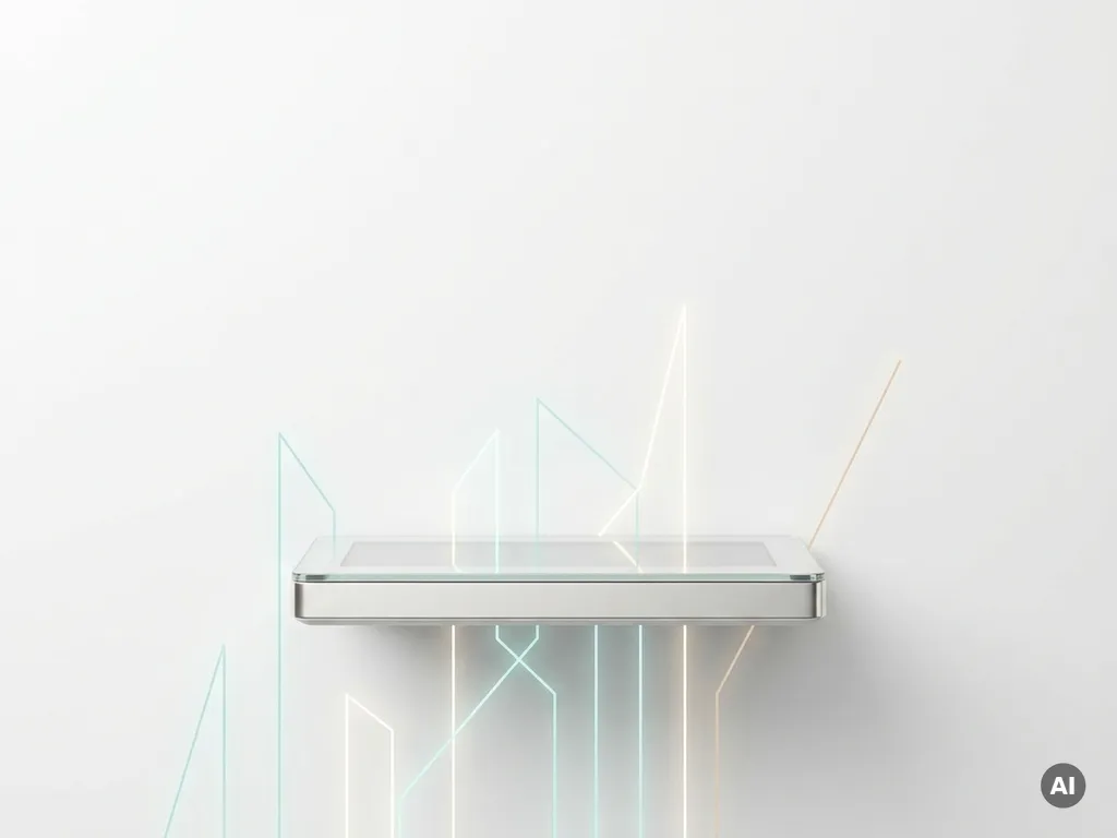 Energiezähler auf weißer Fläche mit geometrischen Liniendiagrammen in Türkis und Warmweiß, minimalistisches Flat-Lay-Design.