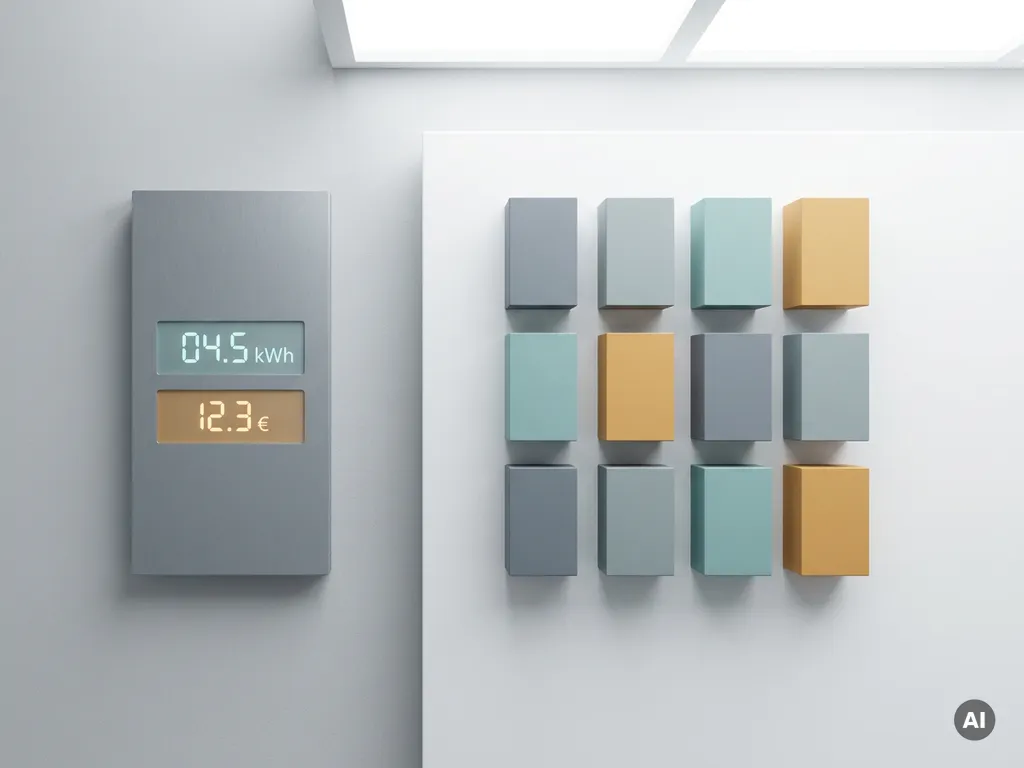 Energiezähler-Panel mit digitalen Anzeigen an grauer Wand neben geometrischer Kostenzuordnungs-Übersicht in Teal und Amber.