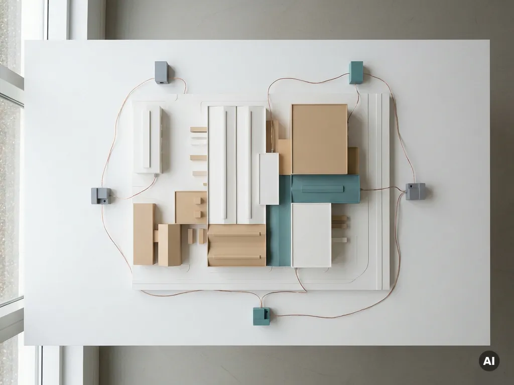 Architekturmodell eines Industriegebäudes mit geometrischen Sensorknoten und Kupferdrahtverbindungen auf weißem Untergrund.