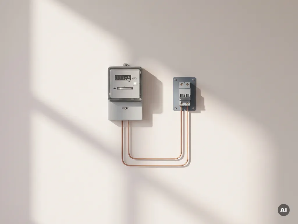 Industrieller Energiezähler an weißer Wand mit Kupferkabeln und Schaltfeld, minimalistisch, Tageslicht von links.