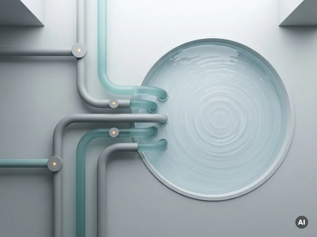 Geschwungene Rohrleitungen münden in ein kreisförmiges Becken mit Wasserrillen, geometrische Sensorknoten an Knotenpunkten, Draufsicht in Teal und Grau.