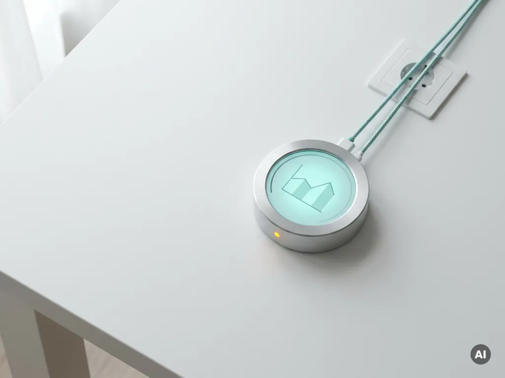 Energiemonitor mit rundem Display und Kabelanschluss an Steckdose, minimalistisches Flat-Lay in Türkis und Warmweiß.