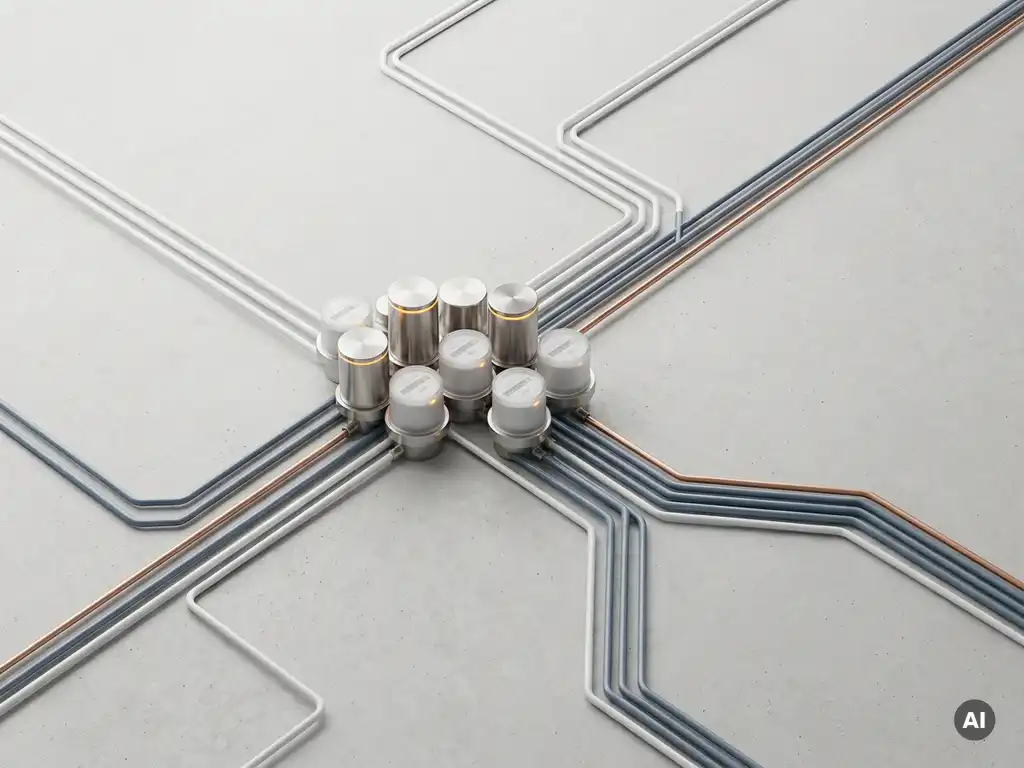 Industrielle Energiezähler mit geometrischen Leitungspfaden auf grauem Untergrund in Blau- und Amberttönen, Draufsicht.