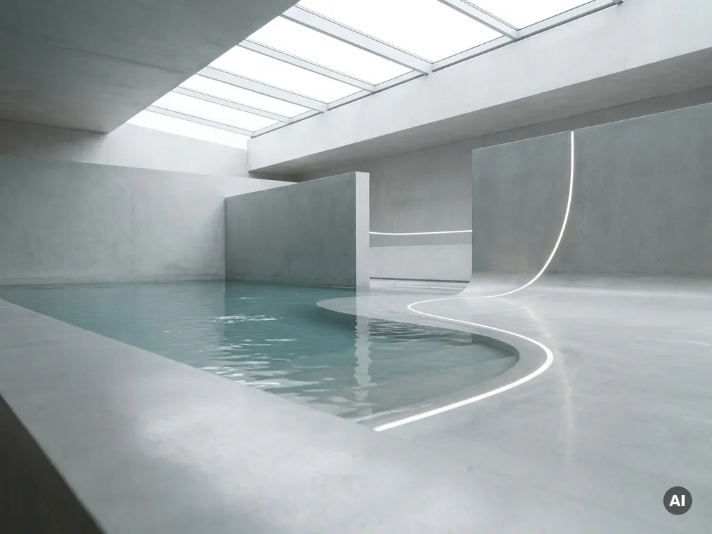 Geometrisches Wasseraufbereitungsbecken aus Beton mit ruhiger Wasseroberfläche und eingelassener Fließlinie in Teal-Tönen.